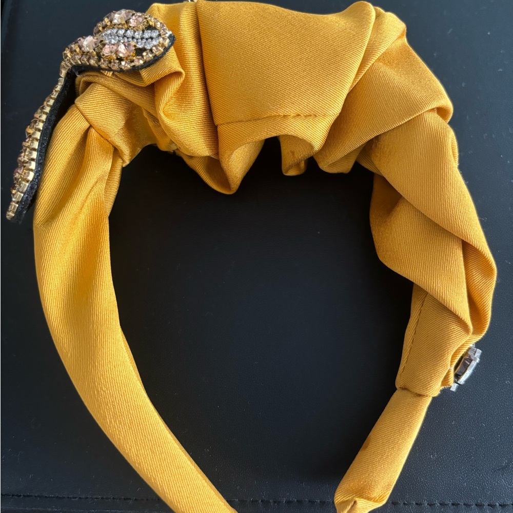 Yellow satin evening headband with crystals